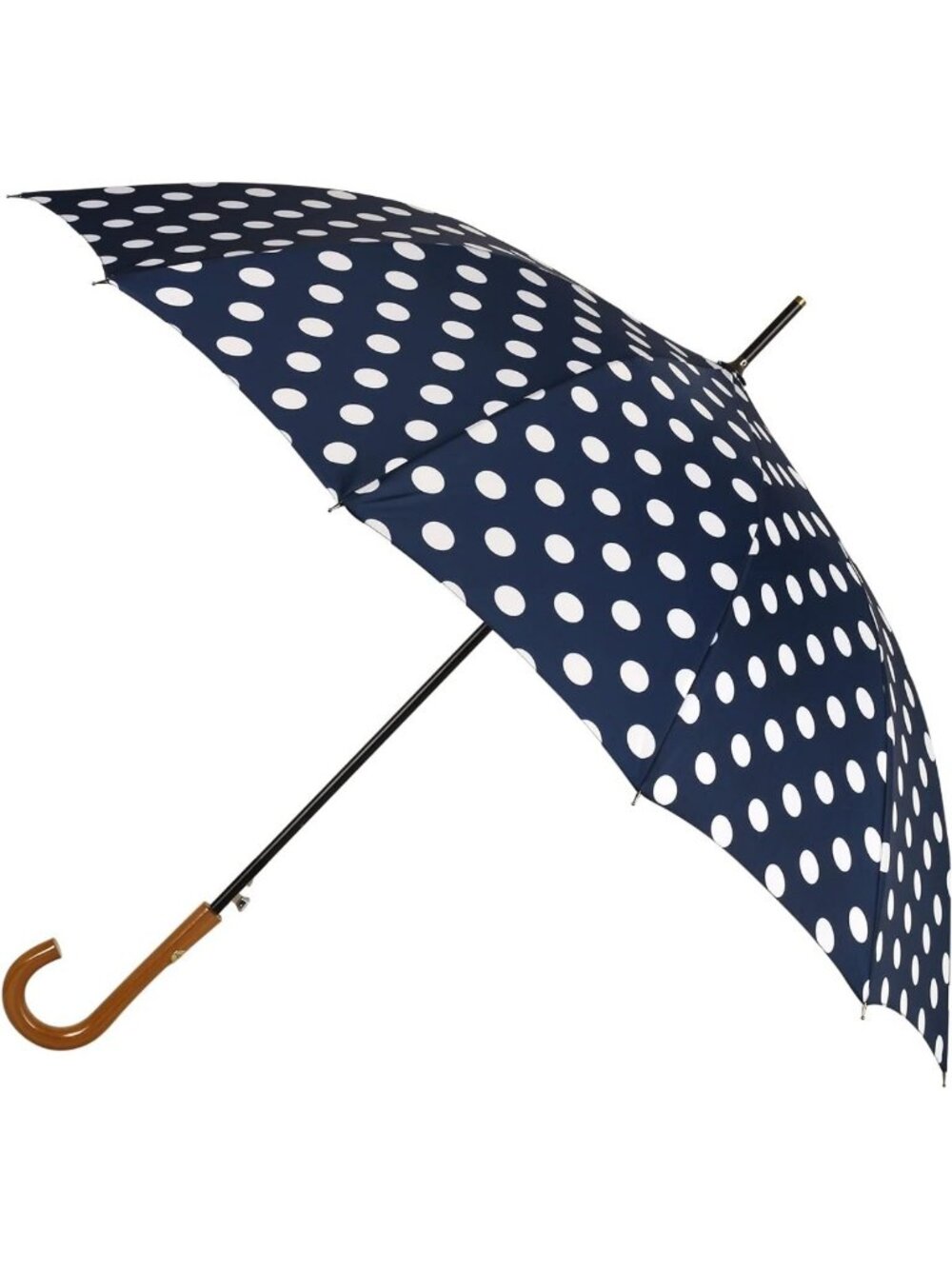Vintage Polka Dot Umbrella with Wooden Long J Handle - Navy Blue, Stylish